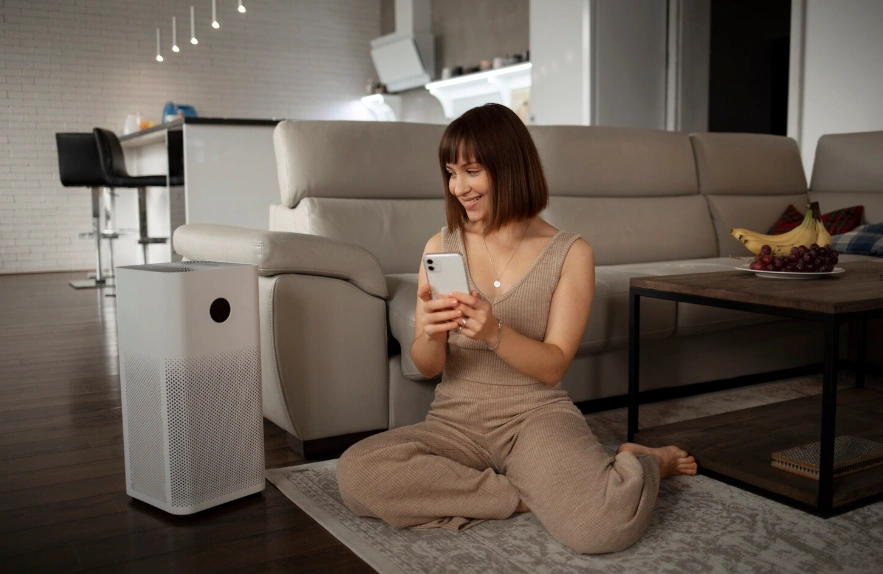 девушка настраивает колонку девушка настраивает колонку