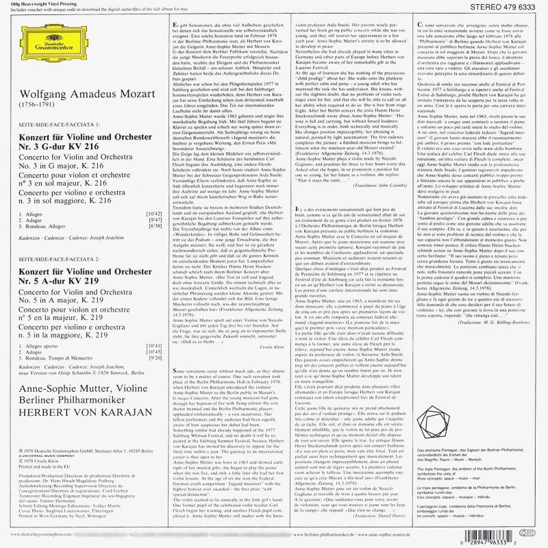 Anne-Sophie Mutter, Berliner Philharmoniker, Herbert Von Karajan – Mozart: Violin Concerto No.3 G-dur (G major) KV 216, No.5 A-dur (A major) KV 219