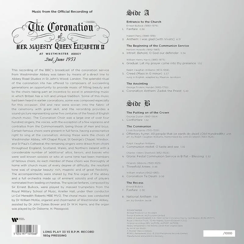 Music From The Official Recording Of The Coronation Service Of Her Majesty Queen Elizabeth II (At Westminster Abbey, 2nd June 1953) (Platinum Vinyl)