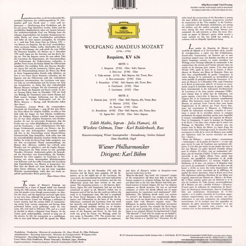 Edith Mathis, Julia Hamari, Wieslaw Ochman, Karl Ridderbusch, Wiener Philharmoniker, Karl Bohm – Mozart: Requiem