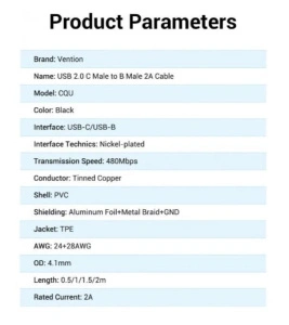 Vention USB 2.0 Type C M/BM - 2м