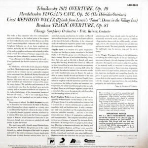 Fritz Reiner, Chicago Symphony Orchestra – Tchaikovsky: 1812 Overture / Mendelssohn: Fingal's Cave Overture / Liszt: Mephisto Waltz / Brahms: Tragic Overture