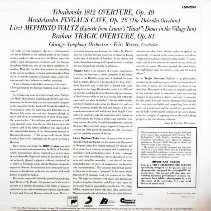 Fritz Reiner, Chicago Symphony Orchestra – Tchaikovsky: 1812 Overture / Mendelssohn: Fingal's Cave Overture / Liszt: Mephisto Waltz / Brahms: Tragic Overture