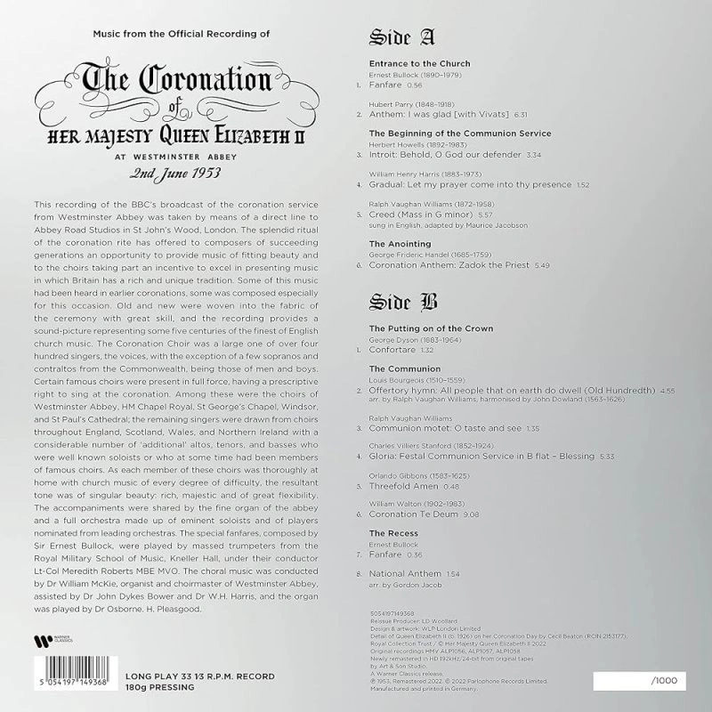 Music From The Official Recording Of The Coronation Service Of Her Majesty Queen Elizabeth II (At Westminster Abbey, 2nd June 1953) (Platinum Vinyl)