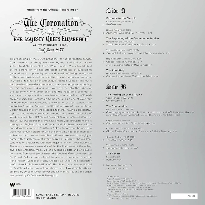 Music From The Official Recording Of The Coronation Service Of Her Majesty Queen Elizabeth II (At Westminster Abbey, 2nd June 1953) (Platinum Vinyl)